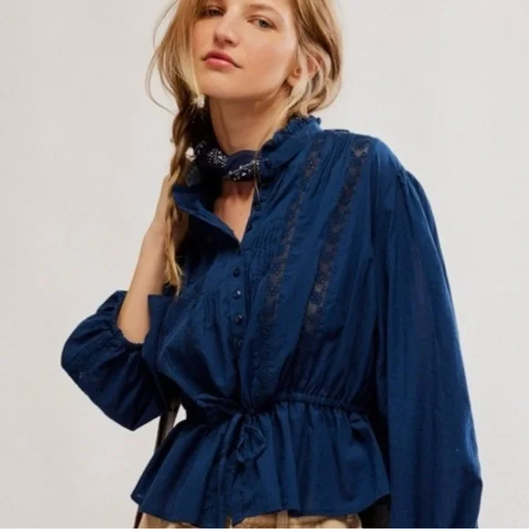 Free People Blue Lace “Best of me” Blouse XL - Picture 5 of 11